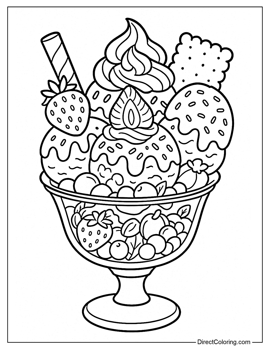 a 3-tier sundae coloring page with many details: cookies, strawberries, whipped cream, sprinkles, chocolate sauce, fruit